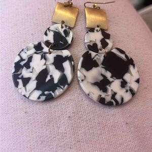 Gold and Black-White Dangle Earrings